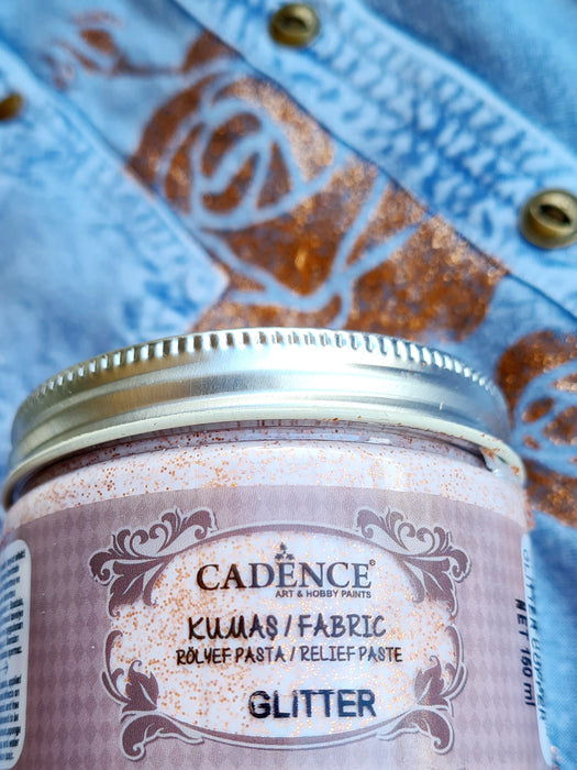 Pasta Textil Glitter Cobre Cadence 150 ml – Pasta decorativa con partículas de glitter, brillo y textura en telas de algodón, bolsos, cojines, ropa y más